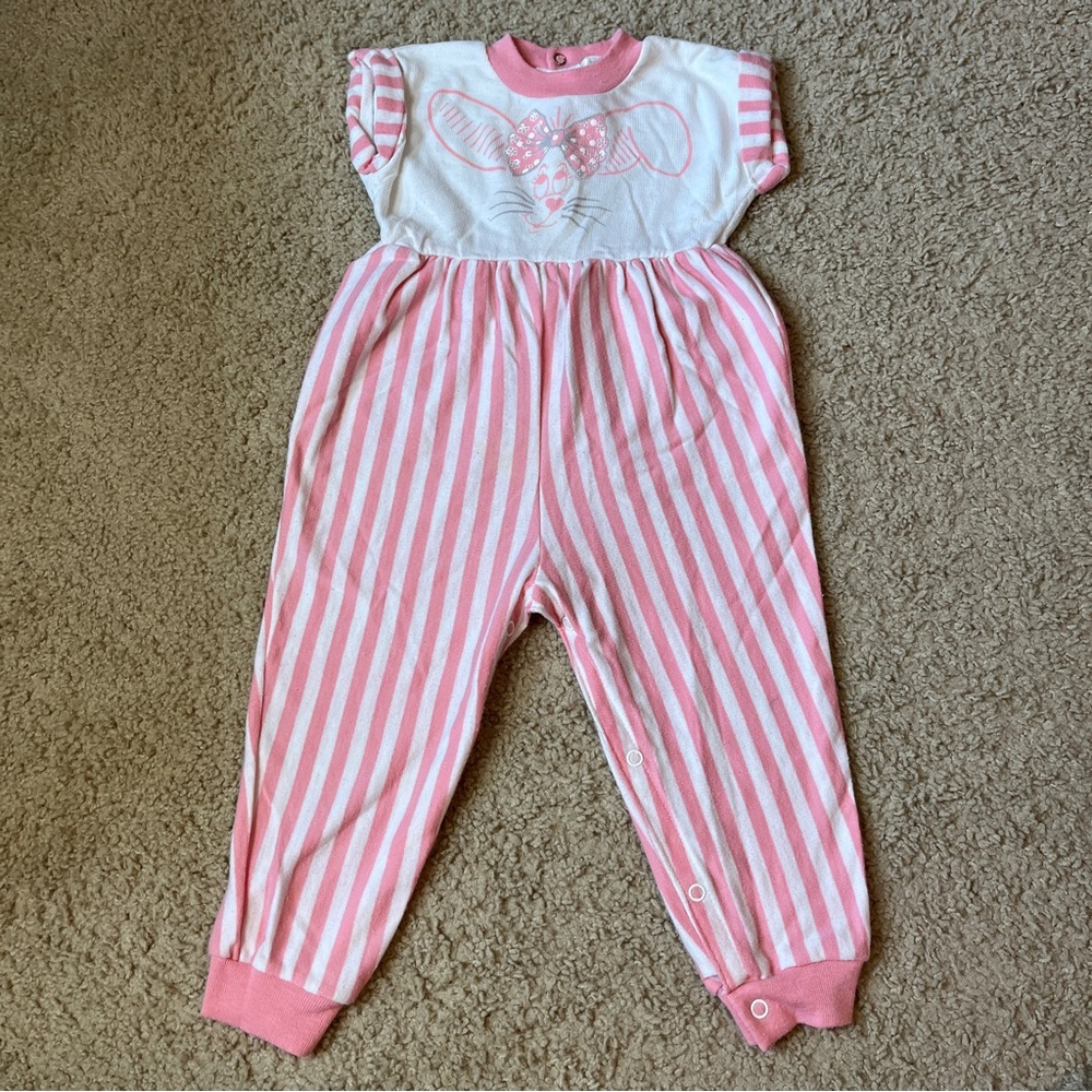 Vintage 80s Girls 24m Buster Brown Romper One Piece Pink Stripes Jumpsuit Mouse